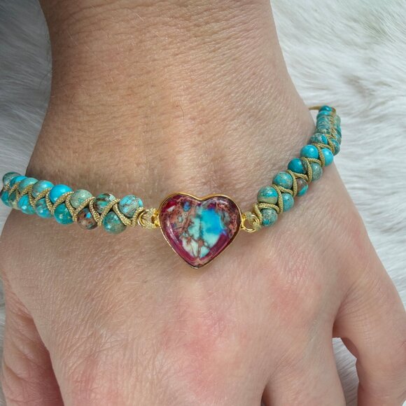 Natural Turquoise Stone Beaded Bracelet Jasper Gemstone Heart Charm Bracelet - Picture 7 of 7